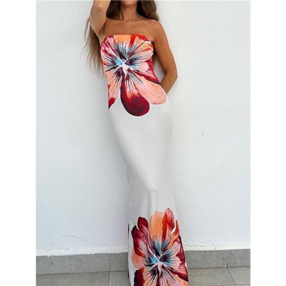 Floral Print Strapless Bodycon Maxi Dress